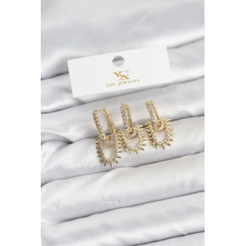 Pirinç Gold Renk Zirkon Taşlı Vintage Model YSX Trio Küpe Seti