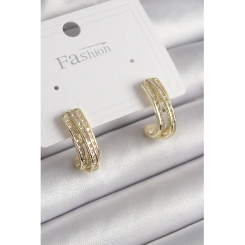 Pirinç Gold Renk Zirkon Taşlı Yarım Halka Model Kadın Küpe