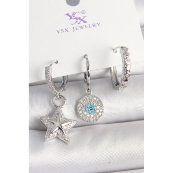 Pirinç Gold Renk Zirkon Taşlı Yıldız Model Nazar Boncuk Detay 3Lü Kadın Kombin Küpe