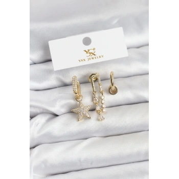 Pirinç Gold Renk Zirkon Taşlı Yıldız Vintage Model YSX Trio Küpe Seti