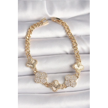 Pirinç Gold Renk Zirkon Taşlı Yonca Model Kadın Bileklik