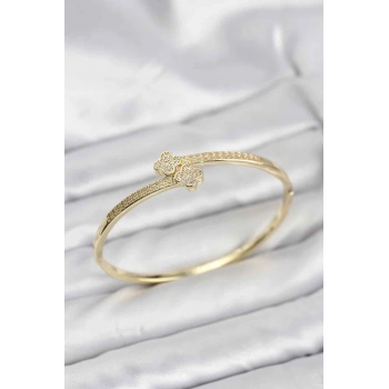 Pirinç Gold Renk Zirkon Taşlı Yonca Model Kadın Kelepçe Bileklik