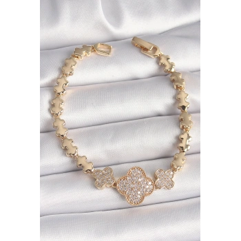 Pirinç Gold Renk Zirkon Taşlı Yonca Model Zincir Kadın Bileklik