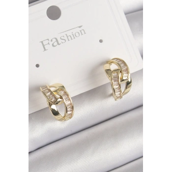 Pirinç Gold Renk Zirkon Taşlı Zincir Model Kadın Küpe