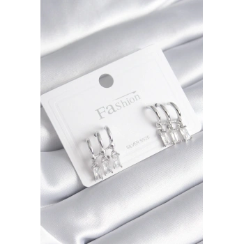 Pirinç Gümüş Renk 3lü Sallantı Zirkon Taşlı Küpe