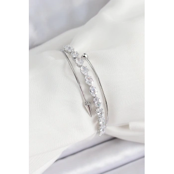 Pirinç Gümüş Renk Arpa Zirkon Taşlı Kadın Bileklik