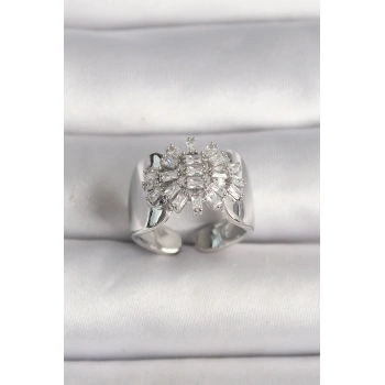 Pirinç Gümüş Renk Ayarlanabilir Baget Zirkon Taş Model Kadın Yüzük