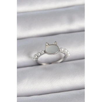 Pirinç Gümüş Renk Ayarlanabilir Beyaz Mineli Kedi Model İnci Detay Kadın Yüzük