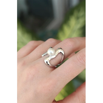 Pirinç Gümüş Renk Ayarlanabilir İnci Taşlı Yüzük