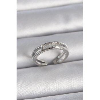 Pirinç Gümüş Renk Ayarlanabilir Sıralı İncili Zirkon Taşlı Kadın Yüzük