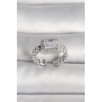 Pirinç Gümüş Renk Ayarlanabilir Zincir Kare Zirkon Taşlı Kadın Yüzük