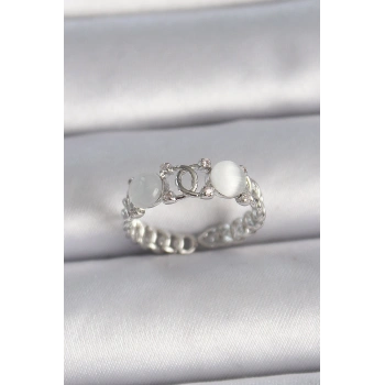 Pirinç Gümüş Renk Ayarlanabilir Zirkon Taşlı Beyaz Mineli Birleşik Halka Model Kadın Yüzük