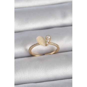 Pirinç Gümüş Renk Ayarlanabilir Zirkon Taşlı Beyaz Mineli Kalp Model Kadın Yüzük