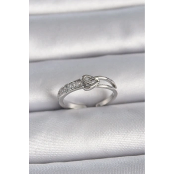 Pirinç Gümüş Renk Ayarlanabilir Zirkon Taşlı Düğüm Kalp Model Kadın Yüzük