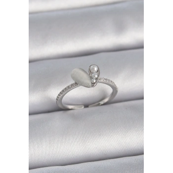 Pirinç Gümüş Renk Ayarlanabilir Zirkon Taşlı İncili Beyaz Mineli Kalp Model Kadın Yüzük