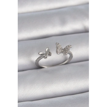 Pirinç Gümüş Renk Ayarlanabilir Zirkon Taşlı Kelebek Model Kadın Yüzük