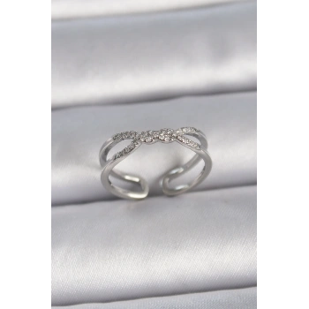 Pirinç Gümüş Renk Ayarlanabilir Zirkon Taşlı Sarmal Model Kadın Yüzük