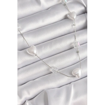 Pirinç Gümüş Renk Beyaz İnci Kalp Model Kadın Kolye