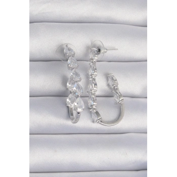 Pirinç Gümüş Renk Damla Zirkon Taş Tasarımlı Küpe