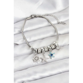 Pirinç Gümüş Renk Deniz Tema Charmlı Kadın Bileklik