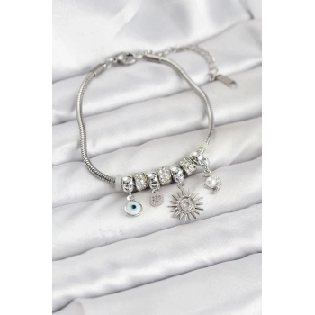 Pirinç Gümüş Renk Güneş Charmlı Kadın Bileklik