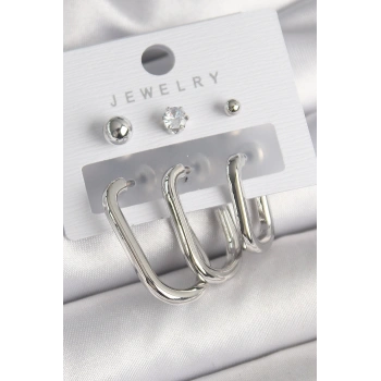 Pirinç Gümüş Renk Halka Model Zirkon Taşlı Topçuk Detay Kadın Küpe Seti