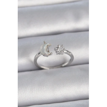 Pirinç Gümüş Renk İncili Hilal Zirkon Taşlı Yıldız Ayarlanabilir Kadın Yüzük