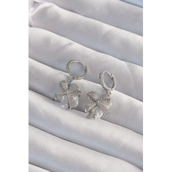 Pirinç Gümüş Renk İri Zirkon Taşlı Fiyonk Model Halka Küpe