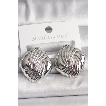 Pirinç Gümüş Renk İşlemeli Kare Model Kadın Küpe