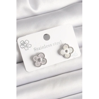 Pirinç Gümüş Renk İşlemeli Yonca Model Kadın Küpe