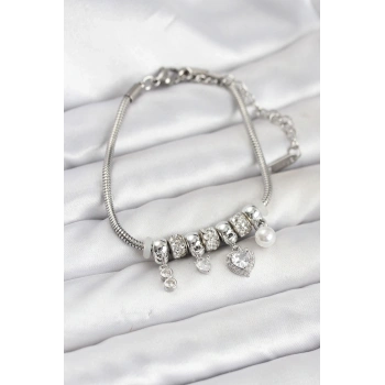 Pirinç Gümüş Renk Kalp Charmlı Kadın Bileklik