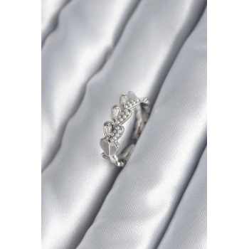 Pirinç Gümüş Renk Kalp Model İnci Detay Kadın Yüzük