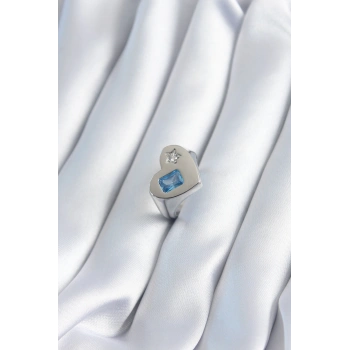 Pirinç Gümüş Renk Kalp Model Yıldız Zirkon Taş Detay Kadın Yüzük