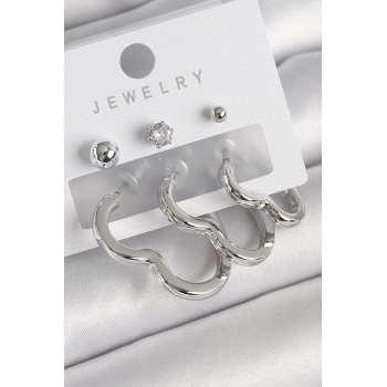 Pirinç Gümüş Renk Kalp Model Zirkon Taş Topçuk Detay Kadın Küpe Seti