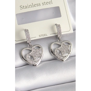 Pirinç Gümüş Renk Kalp Model Zirkon Taşlı Ay Yıldız İşlemeli Kadın Küpe