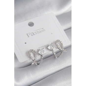 Pirinç Gümüş Renk Kalp Model Zirkon Taşlı Kadın Küpe