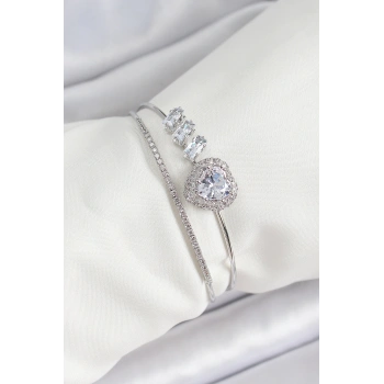 Pirinç Gümüş Renk Kalpli Zirkon Taşlı Kadın Bileklik