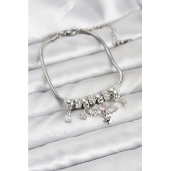 Pirinç Gümüş Renk Kanatlı Charmlı Kadın Bileklik