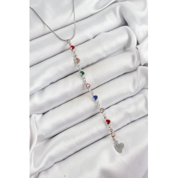 Pirinç Gümüş Renk Karışık Renk Zirkon Taşlı Kalpli Y Kadın Kolye