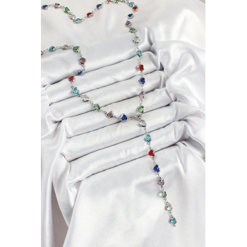 Pirinç Gümüş Renk Karışık Renk Zirkon Taşlı Kalpli Y Kadın Kolye