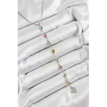 Pirinç Gümüş Renk Karışık Renk Zirkon Taşlı Y Kadın Kolye