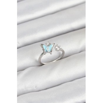 Pirinç Gümüş Renk Kelebek Model Kadın Yüzük