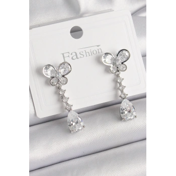 Pirinç Gümüş Renk Kelebek Model Sallantı Damla Zirkon Taşlı Kadın Küpe