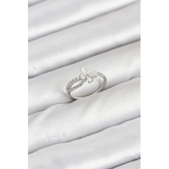 Pirinç Gümüş Renk Kelebek Zirkon Taşlı Kadın Yüzük