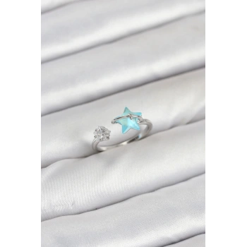 Pirinç Gümüş Renk Mavi Yıldızlı Model Kadın Yüzük