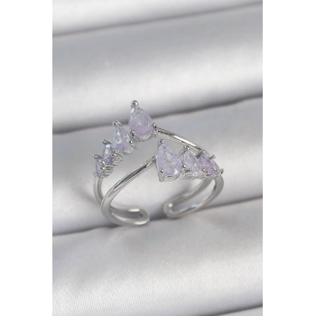 Pirinç Gümüş Renk Mor Damla Zirkon Taşlı Taç Model Kadın Yüzük