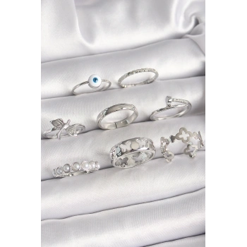 Pirinç Gümüş Renk Nazar Boncuk Detay İncili Kelebek İşlemeli Kadın Yüzük Kombini