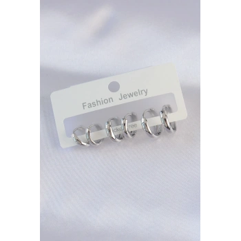 Pirinç Gümüş Renk Oval Bombeli Küpe Seti