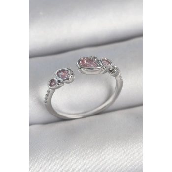 Pirinç Gümüş Renk Pembe Damla Zirkon Taşlı Ayarlanabilir Model Kadın Yüzük
