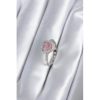 Pirinç Gümüş Renk Pembe Zirkon Taş Kalp Charm Model Kadın Yüzük
